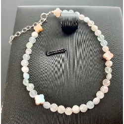 lj190528 bracelet perles de morganite+motifs en nacre