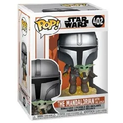 figurine funko! pop - star wars : le mandalorien n°402 - mandalorien avec l'enfant vole (50959)
