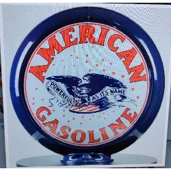 globe de pompe à essence american gasoline avec un contour en plastique bleu et 2 opalines bombées sérigraphiées.