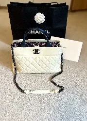sac cabas bancoulière chanel portobello en cuir blanc et tweed