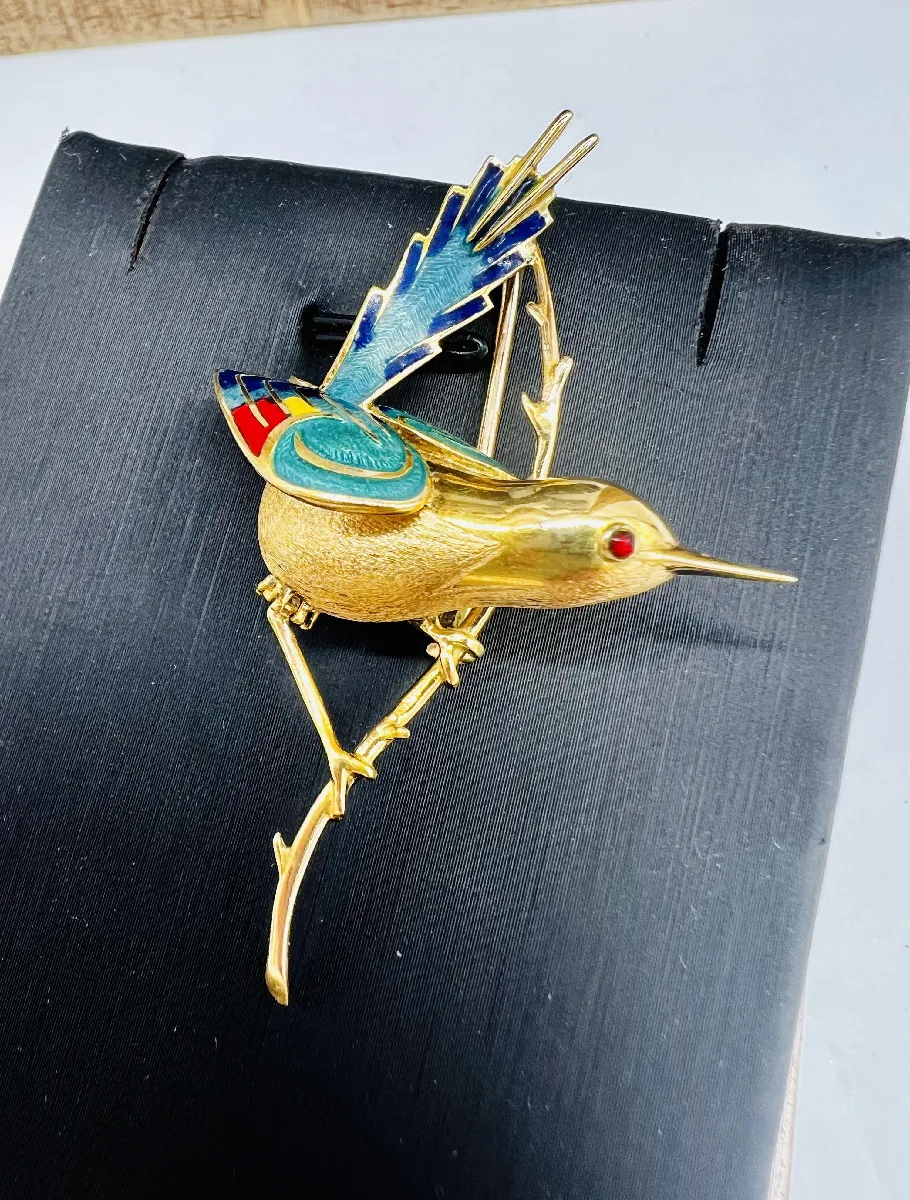 Broche Colibri - Métal Doré Laqué – Vintage - 1980's