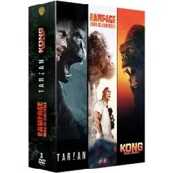 dvd coffret action grands singes - collection de 3 films - rampage - hors de contrôle + tarzan + kong - pack