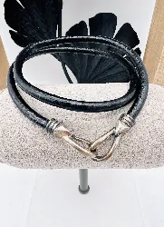 bracelet cuir lisse double rangs fermoir cloché en argent argent 925 millième (22 ct) 15,7g