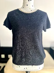 hermès pull manches courtes en cachemire noir et finition blanc taille 40