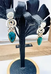 boucles d'oreilles métal argenté pendant avec pierre bleue verte