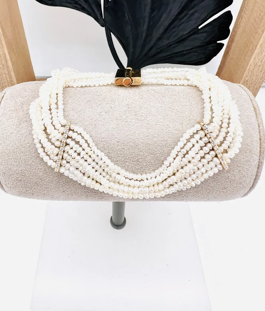 Bracelet Or 7 Rangs Perles De Culture Avec Diamants - Poinçon Hibou - Occasion