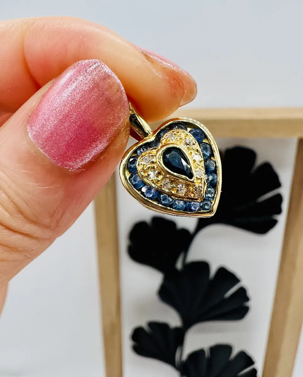 Pendentif Cœur En Or 18 Carats (750/1000) - Orné De Saphirs Et Diamants, 3.16g, Occasion, Poinçon Tête D'aigle