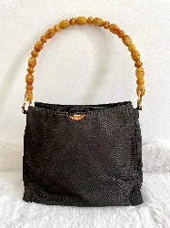 christian dior sac à main noir en nylon et l'anse en perles d'ambre synthétique