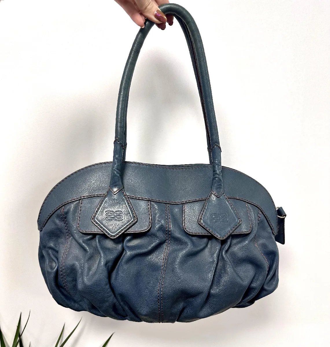 Sac Lancel Gousset en cuir souple bleu canard à surpiqures marron