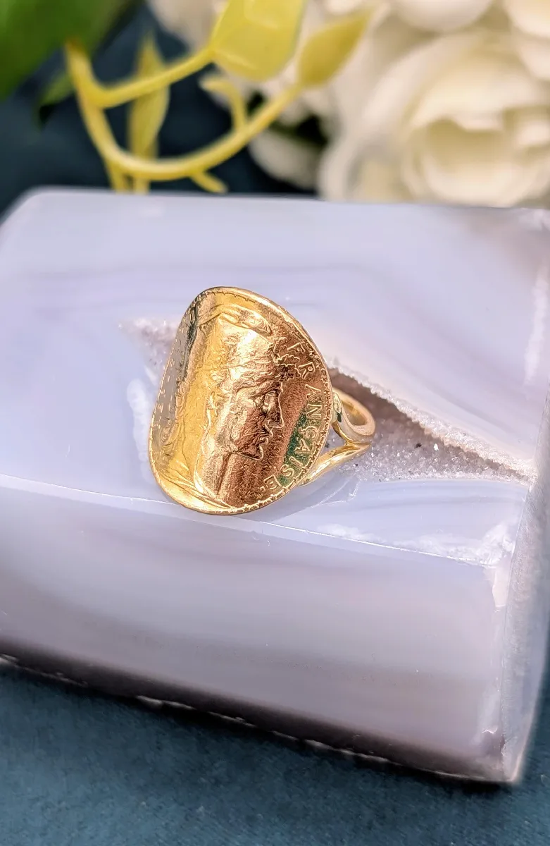 Bague En Or 750 Avec Pièce 20 Francs Marianne Coq 1907 - Occasion - Poinçon Hibou