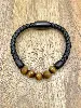 bracelet en cuir noir tressé et oeil de tigre avec acier argenté 5mm l21cm