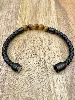 bracelet en cuir noir tressé et oeil de tigre avec acier argenté 5mm l21cm