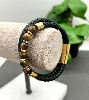 brac bracelet double tour en cuir noir tressé et oeil de tigre avec acier doré 8mm l21cm