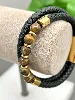 brac bracelet double tour en cuir noir tressé et oeil de tigre avec acier doré 8mm l21cm