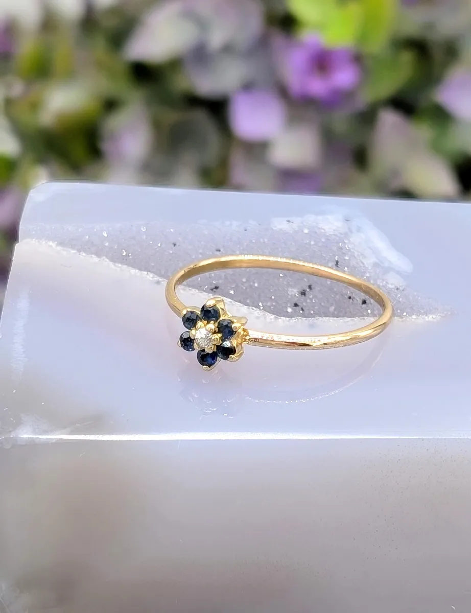 Bague Or 750 Fleur Avec Diamant Et Saphirs - Bijou Ancien En Or Jaune