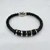 brac bracelet en cuir noir tressé avec onyx plat d10mm et acier argenté 8mm l21cm
