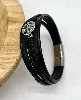 brac bracelet en cuir noir tressé, motif arbre de vie en acier l21cm