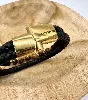brac bracelet en cuir noir tressé, oeil de tigre d8mm, fermoir en acier doré l21 cm