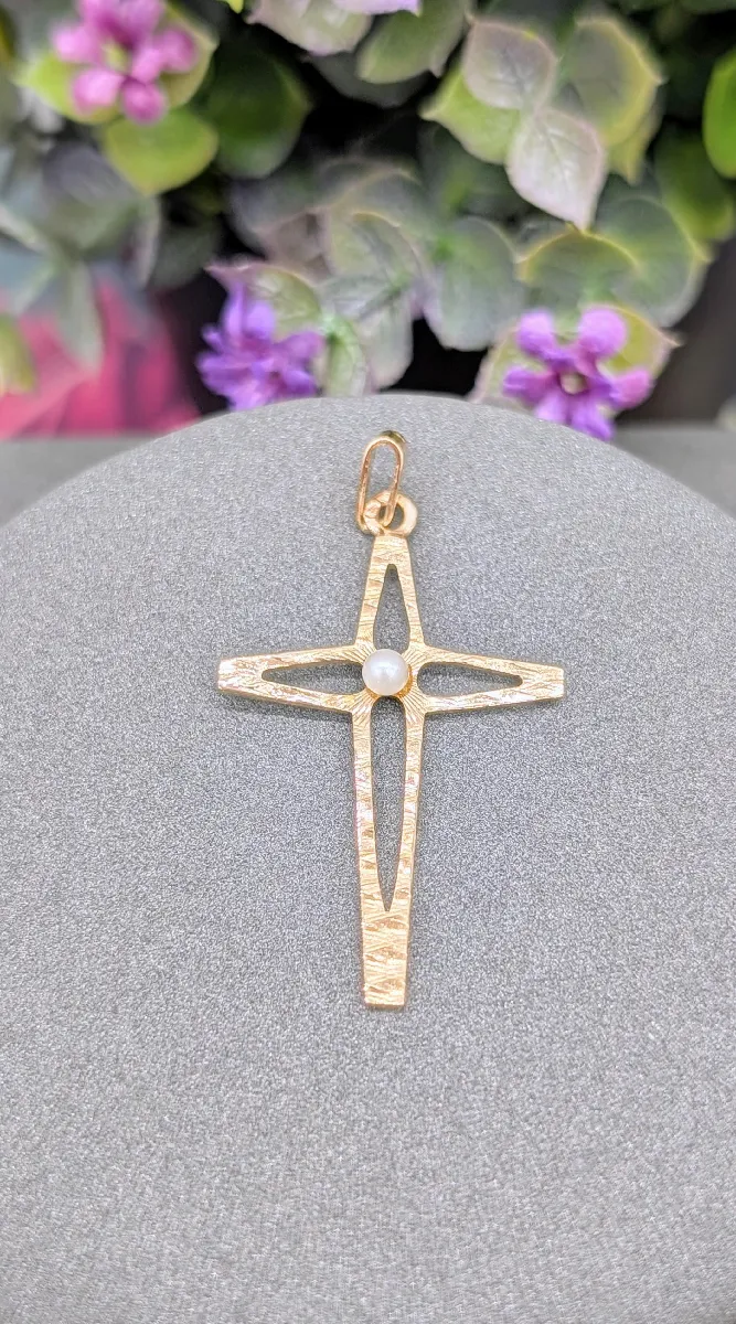 Pendentif Croix Avec Perle De Culture En Or 750/1000 (18 Carats) | Occasion | Poinçon Tête D'aigle