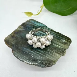 bague argent bombée avec perles synthétiques et oxydes argent 925 millième (22 ct) 5,34g