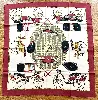 carré 90 / foulard hermès "les voitures à transformation" en soie dans les tons dominants vert, rouge et beige 88 x 88 cm