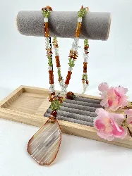 collier/sautoir en pierres naturelles peridot et cristal de roche