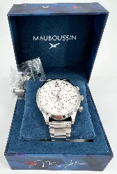 montre mauboussin un homme une vie chronographe quartz, bracelet en acier 316l, cadran blanc, tachymètre, modèle 9466300-590