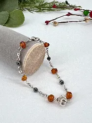 bacelet orné de perles d'hématite et d'ambre l19 cm argent 925 millième (22 ct) 4,87g