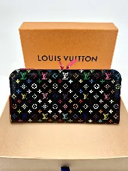 portefeuille louis vuitton x takashi murakami insolite édition limitée de 2015 en toile monogram fond noir et cuir fuchsia