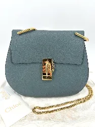 sac chloé drew en cuir grainé bleu gris et chaîne dorée