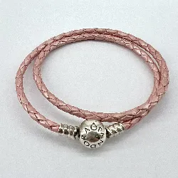 bracelet pandora en cuir rose tressé et fermoir boule en argent l34cm argent 925 millième (22 ct) 6,08g