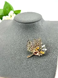 broche feuille pavée d'oxydes t 5 x 5 cm