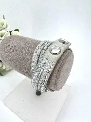 collier/bracelet double tour swarovski slake en cuir blanc avec cristaux