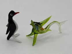 lot de 2 figurines en verre manchot poisson