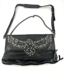 sac bandoulière zadig et voltaire rock en cuir noir souple avec ailes cloutées