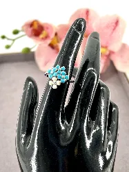 110823 bague en émail bleu et blanc morif fleurs  argent 925 millième (22 ct) 2,5g