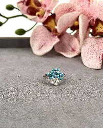 110823 bague en émail bleu et blanc morif fleurs  argent 925 millième (22 ct) 3g