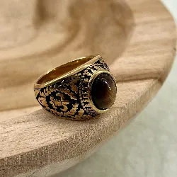 bgac bague chevalier avec pierre oeil de tigre ovale en acier doré