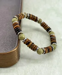 bracpi bracelet élastique en pierre oeil de tigre plat, jade et acier argenté d8 mm