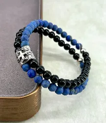 bracpi braclet elastiqué double rang en pierre onyx, lapis-lazuli mat et acier argenté d6 mm