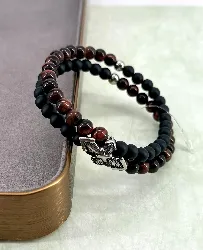 bracpi braclet elastiqué double rang en pierre onyx mat, oeil de taureau et acier argenté d6 mm