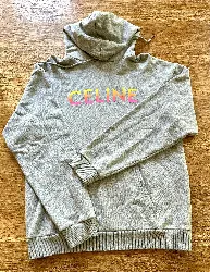 sweat à capuche céline en coton gris et logo rose orange