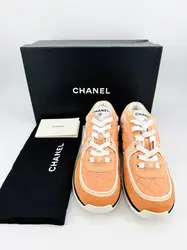 baskets chanel en tisssu et cuir de veau velours orange clair