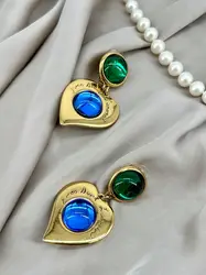 boucles d'oreilles pendantes clip vintage yves saint laurent motif coeurs verts, bleus et dorés