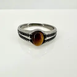 bgac bague chevalière avec pierre oeil de tigre ovale en acier argenté t67