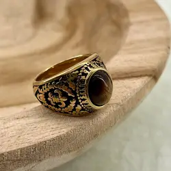 bgac bague chevalière avec pierre oeil de tigre ovale en acier doré t64