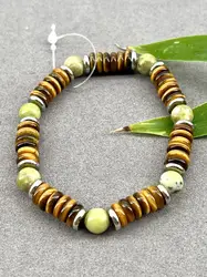 brpi bracelet élastique en pierre oeil de tigre, jade et acier argenté d8 mm
