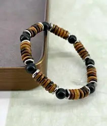 brpi bracelet élastique en pierre oeil de tigre, onyx et acier argenté d8 mm