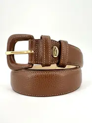 ceinture longchamp en cuir grainé marron taille80 réglable avec détails métalliques dorés