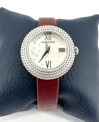 montre femme mauboussin l'heure du premier jour rayonnant mouvement à quartz, bracelet jonc en cuir bordeaux